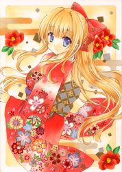 Rule 34 | 1girl, bad id, bad pixiv id, blonde hair, blue eyes, bow, cowboy shot, floating hair, floral print, flower, from side, hair bow, highres, japanese clothes, kimono, long hair, long sleeves, looking at viewer, marker (medium), obi, original, outside border, pom77, print kimono, red bow, red flower, red kimono, sash, solo, standing, traditional media, very long hair, wide sleeves, yukata