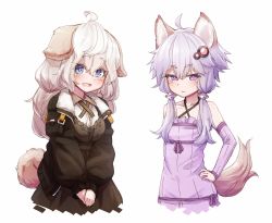 Rule 34 | 2girls, :&lt;, :d, ahoge, animal ears, bare shoulders, black jacket, breasts, collarbone, detached sleeves, dog ears, dog tail, dress, grey dress, hair between eyes, hair ornament, hand on own hip, jacket, kemonomimi mode, kizuna akari, long hair, long sleeves, looking at viewer, low twintails, medium breasts, mochi (mochi444420), multiple girls, open clothes, open jacket, open mouth, purple dress, purple eyes, purple hair, simple background, smile, tail, twintails, v arms, vocaloid, voiceroid, white background, white hair, yuzuki yukari