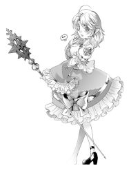 Rule 34 | 1girl, arch bishop (ragnarok online), blush, bow, breasts, cleavage, cleavage cutout, clothing cutout, crosier, cross, dress, dress bow, frilled dress, frilled sleeves, frills, full body, greyscale, high heels, highres, holding, holding staff, juliet sleeves, long sleeves, looking at viewer, looking to the side, love morocc, medium breasts, medium hair, monochrome, official alternate costume, open mouth, pointy ears, puffy sleeves, ragnarok online, simple background, solo, staff