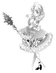 1girl arch_bishop_(ragnarok_online) blush bow breasts cleavage cleavage_cutout clothing_cutout crosier cross dress dress_bow frilled_dress frilled_sleeves frills full_body greyscale high_heels highres holding holding_staff juliet_sleeves long_sleeves looking_at_viewer looking_to_the_side love_morocc medium_breasts medium_hair monochrome official_alternate_costume open_mouth pointy_ears puffy_sleeves ragnarok_online simple_background solo staff