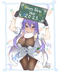 Rule 34 | arm garter, as4gi, bare shoulders, black gloves, bodystocking, breasts, carrot, chinese zodiac, cleavage, cosplay, crescent, don-chan (usada pekora), dress, fur-trimmed gloves, fur trim, gloves, happy new year, holding, holding sign, hololive, hololive indonesia, large breasts, leotard, leotard under clothes, long hair, moona hoshinova, new year, pantyhose, purple eyes, purple hair, see-through, see-through cleavage, sign, smile, strapless, strapless dress, usada pekora, usada pekora (1st costume), usada pekora (cosplay), virtual youtuber, white dress, year of the rabbit