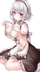 Rule 34 | 1girl, apron, azur lane, breasts, cleavage, hand on breast, highres, legs together, looking at viewer, maid, maid apron, maid headdress, miniskirt, on floor, red eyes, ribbon, short hair, sirius (azur lane), sitting, skirt, thighs, white hair