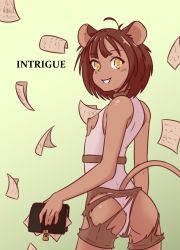Rule 34 | 1girl, animal ears, antenna hair, ass, belt, book, breasts, brown belt, brown hair, carame latte, commentary, dark-skinned female, dark skin, english commentary, english text, flying paper, from behind, furry, furry female, gradient background, green background, grin, highleg, highleg leotard, highres, holding, holding book, leotard, lock, looking at viewer, looking back, ming (caramalatte), mouse ears, mouse girl, mouse tail, nipples, original, padlock, paper, short hair, shorts, sideboob, sleeveless, small breasts, smile, solo, tail, thigh grab, torn clothes, torn leotard, torn shorts, white leotard