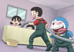 Rule 34 | 1girl, 2boys, @ @, asymmetrical bangs, bare shoulders, basket, bath, bathing, bathroom, bathtub, bell, black eyes, black hair, blush, boots, ceiling, collar, collared shirt, commentary request, d:, dekisugi hidetoshi, doraemon, doraemon (character), dutch angle, floor, foot out of frame, full body, gachon jirou, green footwear, hair between eyes, holding, holding hose, hose, indoors, low twintails, minamoto shizuka, mixed-sex bathing, multiple boys, neck bell, nobi nobita, open mouth, overalls, parted bangs, pocket, polo shirt, rape face, red shirt, robot, scared, shared bathing, shirt, short hair, short sleeves, standing, sweat, tears, teeth, tiles, tongue, tongue out, twintails, upper teeth only, wall, whiskers, window