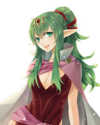 Rule 34 | 1girl, :d, aged up, blush, breasts, cape, choker, cleavage, dress, fire emblem, fire emblem awakening, green eyes, green hair, hair ornament, hair ribbon, kiyuu, large breasts, long hair, matching hair/eyes, nintendo, open mouth, pointy ears, ponytail, red dress, ribbon, smile, solo, tiki (adult) (fire emblem), tiki (fire emblem)