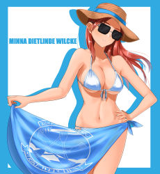 Rule 34 | 1girl, bikini, blush, breasts, female focus, groin, hat, highres, hiroshi (hunter-of-kct), large breasts, minna-dietlinde wilcke, navel, red eyes, red hair, simple background, solo, strike witches, sunglasses, swimsuit, white background, white bikini, world witches series