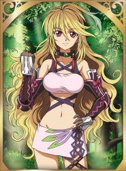 Rule 34 | 1girl, blonde hair, breasts, brown hair, forest, framed, gloves, hanzou, long hair, milla maxwell, miniskirt, multicolored hair, nature, navel, red eyes, ribbon, skirt, solo, strapless, tales of (series), tales of xillia, tube top, two-tone hair, very long hair