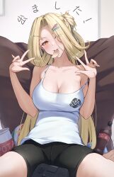 Rule 34 | 1girl, azur lane, bare shoulders, black shorts, blonde hair, blush, bottle, breasts, bunker hill (azur lane), bunker hill (mission relaxation) (azur lane), camisole, chips (food), cleavage, cola, controller, food, food in mouth, game controller, hair ornament, hair rings, hairclip, hands up, highres, large breasts, long hair, looking at viewer, official alternate costume, orange eyes, ropi (yyuichi29), shorts, sitting, solo, w, white camisole