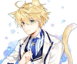 Rule 34 | 1boy, ahoge, animal ears, arthur pendragon (fate), arthur pendragon (white rose) (fate), blonde hair, blue flower, blue necktie, blue rose, blush, cat boy, cat ears, cat tail, closed mouth, fate/prototype, fate (series), floral background, flower, green eyes, hair between eyes, jacket, kemonomimi mode, long sleeves, looking at viewer, male focus, necktie, open clothes, open jacket, petals, pingo, rose, rose petals, solo, striped, tail, upper body, v-shaped eyebrows, vertical stripes, white background, white jacket