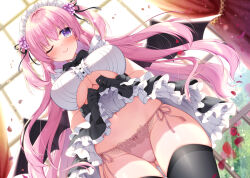 Rule 34 | 1girl, ;), apron, black bow, black gloves, black skirt, black thighhighs, black wings, blurry, blurry background, bow, bow panties, breasts, center frills, cleavage, closed mouth, clothes lift, clothing cutout, commentary request, curtains, demon wings, depth of field, frilled apron, frilled gloves, frilled skirt, frills, gloves, gluteal fold, grey thighhighs, groin, hair between eyes, large breasts, lifted by self, long hair, maid, maid apron, maid headdress, navel, one eye closed, original, panties, petals, pink hair, pink panties, purple eyes, ringo sui, shirt, side-tie panties, skirt, skirt lift, smile, solo, thighhighs, two side up, underboob cutout, underwear, very long hair, white apron, white shirt, window, wings