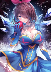 Rule 34 | 1girl, absurdres, apple, blue eyes, blue gloves, blue hair, breasts, brown hair, cleavage, commentary request, copyright request, dark tales, detached wings, elbow gloves, food, fruit, gloves, hair over one eye, hair ribbon, hand up, highres, holding, holding food, holding fruit, ice, ice wings, looking at viewer, medium breasts, multicolored hair, nenobi (nenorium), puffy short sleeves, puffy sleeves, red apple, red ribbon, ribbon, short sleeves, solo, two-tone hair, wings
