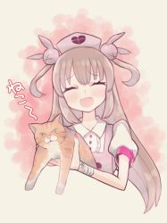 Rule 34 | 1girl, ^ ^, animal, apron, bandages, buttons, cat, closed eyes, collared shirt, commentary, closed eyes, fang, hair ornament, hat, holding, holding animal, holding cat, light brown hair, long hair, natori sana, nurse cap, open mouth, pink apron, puffy short sleeves, puffy sleeves, sana channel, shirt, short sleeves, tank (artist), two side up, virtual youtuber