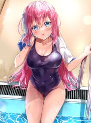 Rule 34 | 1girl, blue eyes, blue one-piece swimsuit, blush, bocchi the rock!, breasts, cleavage, collarbone, cube hair ornament, drain (object), gotoh hitori, hair ornament, highres, kikugawa roku, long hair, looking at viewer, medium breasts, navel, one-piece swimsuit, open mouth, pink hair, pool, pool ladder, poolside, sitting, solo, swimsuit, thigh gap, thighs, towel, towel around neck, wet, wet clothes, wet swimsuit, wiping