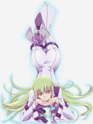 Rule 34 | 00s, 1girl, ass, c.c., code geass, female focus, from above, gradient background, green hair, long hair, looking up, lying, solo, yellow eyes