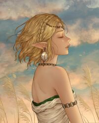 1girl armlet artelsia artist_logo bare_shoulders blonde_hair braid closed_eyes cloud cloudy_sky commentary crown_braid dress dusk earrings facing_to_the_side grass highres jewelry logo nintendo outdoors parted_lips pointy_ears princess_zelda profile short_hair sky solo strapless strapless_dress teardrop_facial_mark the_legend_of_zelda the_legend_of_zelda:_tears_of_the_kingdom