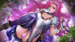 Rule 34 | breasts, gloves, league of legends, lipstick, long hair, makeup, microphone, pink hair, seraphine (league of legends), skirt, thighhighs, underwear