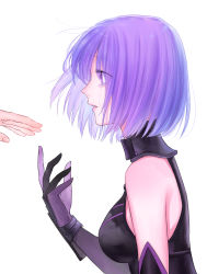 Rule 34 | 1girl, bare shoulders, breasts, crying, crying with eyes open, elbow gloves, fate/grand order, fate (series), from side, gloves, highres, looking at another, mash kyrielight, medium breasts, nipi27, parted lips, profile, purple eyes, purple gloves, purple hair, short hair, solo focus, tears, upper body, white background