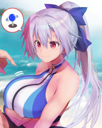 Rule 34 | 1girl, asahi (fullmetal madness), beach, blue bow, blue one-piece swimsuit, blurry, blurry background, bow, breasts, breasts squeezed together, fate/grand order, fate (series), hair between eyes, hair bow, hetero, large breasts, long hair, one-piece swimsuit, paizuri, paizuri under clothes, ponytail, red eyes, shore, smile, solo focus, swimsuit, tomoe gozen (fate), tomoe gozen (swimsuit saber) (fate), tomoe gozen (swimsuit saber) (first ascension) (fate), two-tone swimsuit, white hair, white one-piece swimsuit