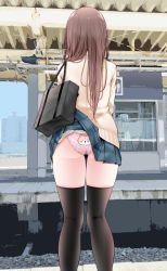 Rule 34 | 1girl, accidental exposure, animal print, ass, bag, black thighhighs, blue skirt, brown hair, cat panties, cat print, clothes lift, commentary request, day, facing away, feet out of frame, from behind, highres, long hair, miniskirt, oouso, original, outdoors, panties, pink panties, pleated skirt, print panties, shoulder bag, skirt, skirt caught on object, skirt lift, solo, standing, sweater, thighhighs, underwear, wardrobe malfunction, yellow sweater