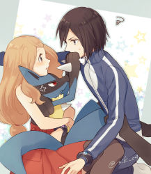 Rule 34 | 1boy, 1girl, anger vein, blonde hair, blush, bracelet, breasts, brown hair, calem (pokemon), closed mouth, commentary request, creatures (company), eye contact, game freak, gen 4 pokemon, high-waist skirt, jacket, jewelry, long hair, looking at another, lucario, nintendo, pants, pleated skirt, pokemon, pokemon (creature), pokemon xy, red eyes, red skirt, serena (pokemon), shirt, short hair, skirt, sleeveless, sleeveless shirt, socks, spikes, squiggle, sweatdrop, thighhighs, twitter username, white thighhighs, yairo (sik s4), yellow fur