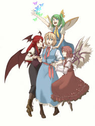 Rule 34 | 4girls, alice margatroid, bat wings, blonde hair, blue eyes, blush, boots, bug, butterfly, daiyousei, dress, female focus, flying, green hair, group hug, hairband, hand on another&#039;s shoulder, hands on another&#039;s shoulders, hands on shoulders, happy, harem, head wings, holding hands, hug, insect, koakuma, long hair, multiple girls, mystia lorelei, necktie, open mouth, pointy ears, ponytail, red eyes, red hair, short hair, side ponytail, smile, surprised, sweat, torinone, touhou, vest, wings, yuri