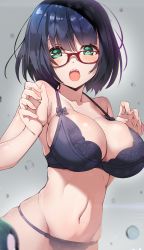 Rule 34 | 1girl, black bra, black hair, black panties, blush, bra, breasts, cleavage, glasses, green eyes, hands up, highres, lace, lace-trimmed bra, lace-trimmed panties, lace trim, large breasts, looking at viewer, navel, open mouth, original, osa (osaosa), panties, red-framed eyewear, short hair, simple background, solo, strap gap, underwear, underwear only
