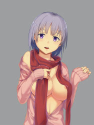 Rule 34 | 1girl, abcc, akino komichi, breasts, cardigan, large breasts, no bra, off shoulder, original, purple eyes, red scarf, scarf, short hair, silver hair, sleeves past wrists, solo, unbuttoned, upper body