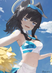 Rule 34 | 1girl, animal ears, bare shoulders, black hair, blue archive, blue eyes, blue sky, breasts, cheerleader, cloud, commentary, day, dog ears, goggles, goggles on head, halo, hibiki (blue archive), hibiki (cheer squad) (blue archive), highres, long hair, looking at viewer, medium breasts, millennium cheerleader outfit (blue archive), open mouth, outdoors, pleated skirt, pom pom (cheerleading), sidelocks, skirt, sky, solo, symbol-only commentary, twitter username, wavy mouth, white skirt, zeradok