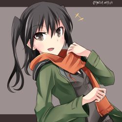 Rule 34 | 1girl, :d, adjusting scarf, black hair, brown eyes, casual, coat, hebitsukai-san, highres, kantai collection, long hair, looking at viewer, open mouth, scarf, sendai (kancolle), simple background, smile, solo, two side up