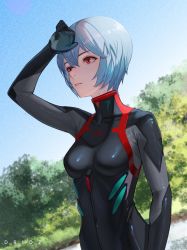 Rule 34 | 1girl, artist name, ayanami rei, black bodysuit, blue hair, bodysuit, breasts, drid, dutch angle, film grain, foliage, hair between eyes, hand to forehead, highres, medium breasts, neon genesis evangelion, parted lips, plugsuit, red eyes, shaded face, shading eyes, skky, solo, sweat, nervous sweating, upper body
