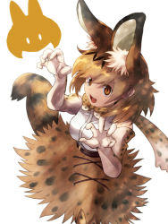 Rule 34 | 10s, 1girl, 9to9, animal ears, bare shoulders, belt, blonde hair, bow, bowtie, claw pose, commentary request, elbow gloves, full body, gloves, kemono friends, open mouth, personification, serval (kemono friends), serval print, serval tail, short hair, simple background, skirt, smile, solo, tail, white background