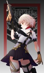 Rule 34 | 1girl, absurdres, commentary, contrapposto, cowboy shot, from behind, girls&#039; frontline, gloves, gun, highres, holding, holding gun, holding weapon, kriss vector, looking to the side, panties, pantyshot, red eyes, short hair, short sleeves, silver hair, solo, standing, submachine gun, teallysky, underwear, vector (girls&#039; frontline), weapon