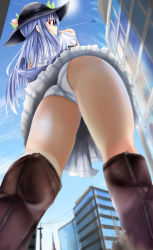 Rule 34 | 1girl, alicemagic, ass, blue hair, blue skirt, blue sky, boots, city, day, from below, giant, giantess, hand to own mouth, hat, highres, hinanawi tenshi, long hair, looking down, outdoors, panties, red eyes, shiny skin, skirt, sky, smile, solo, touhou, underwear, upskirt