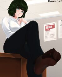 Rule 34 | 1girl, absurdres, arm under breasts, artist name, black nails, black pants, black socks, closed mouth, collared shirt, female focus, foot focus, foot out of frame, foot up, foreshortening, fubuki (one-punch man), green eyes, green hair, highres, indoors, long sleeves, looking at viewer, nail polish, one-punch man, pants, paravet, shirt, short hair, signature, sitting, smile, socks, soles, solo, thighs, tile wall, tiles, toes, twitter username, white shirt