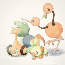 Rule 34 | :o, absurdres, bird, blue skin, brown fur, closed mouth, colored skin, commentary request, creatures (company), doduo, fireblast, game freak, gen 1 pokemon, gen 4 pokemon, gen 8 pokemon, green eyes, grin, grookey, highres, holding, holding stick, leaf, multiple heads, nintendo, no humans, oddish, open mouth, pokemon, pokemon (creature), red eyes, rotom, rotom (mow), simple background, smile, stick, tail, talons, teeth, white background