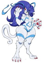 Rule 34 | 1girl, absurdres, animal ears, ass, big hair, blue hair, breasts, cat ears, cat paws, cat tail, claws, cyberlord1109, eyelashes, fangs, felicia (vampire), fur trim, furrification, furry, highres, looking at viewer, navel, nude, open mouth, slit pupils, small breasts, smile, standing, tail, thick thighs, thighs, vampire (game), wavy hair, white background, wide hips, yellow eyes