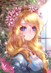 Rule 34 | 1girl, blonde hair, blue eyes, closed mouth, flower, from side, hair flower, hair ornament, head wreath, jewelry, long hair, looking at viewer, original, pendant, pink flower, pointy ears, smile, solo, swept bangs, tabby chan, twitter username, upper body