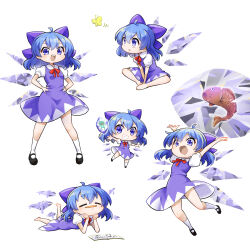 Rule 34 | 1girl, = =, animal, barefoot, black footwear, blue bow, blue dress, blue eyes, blue hair, blush, book, bow, bug, butterfly, cirno, closed eyes, collared shirt, detached wings, dress, fairy, fish, futa (nabezoko), grin, hair between eyes, hair bow, hands on own hips, highres, ice, ice wings, insect, lying, multiple views, on stomach, open book, open mouth, parted lips, pencil, puffy short sleeves, puffy sleeves, shirt, shoes, short hair, short sleeves, simple background, smile, socks, the pose, touhou, white background, white shirt, white socks, wings