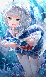 Rule 34 | 1girl, animal costume, animal hood, bad id, bad pixiv id, bare legs, barefoot, blue eyes, blue hair, blue hoodie, blue naila, blunt bangs, blush, bubble, coral, fins, fish tail, gawr gura, hair ornament, highres, holding, holding instrument, hololive, hololive english, hood, hoodie, instrument, katoroku, long sleeves, looking at viewer, medium hair, multicolored hair, music, nail polish, open mouth, playing instrument, shark costume, shark girl, shark hair ornament, shark hood, shark tail, sharp teeth, sidelocks, silver hair, solo, streaked hair, tail, teeth, two side up, ukulele, underwear, virtual youtuber, wide sleeves