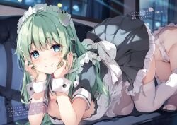 Rule 34 | 1girl, all fours, ass, blue eyes, blush, breasts, closed mouth, couch, fingernails, frog hair ornament, garter straps, grey hair, hair ornament, hair tubes, hands on own cheeks, hands on own face, highres, indoors, kochiya sanae, long hair, looking at viewer, maid, maid headdress, medium breasts, miyase mahiro, night, panties, reflection, short sleeves, simple background, smile, snake hair ornament, solo, thighhighs, thighs, touhou, underwear, window, wrist cuffs