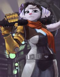 Rule 34 | 1girl, absurdres, animal nose, belt, black gloves, blue stripes, blurry, blurry background, body fur, bodysuit, breasts, earrings, furry, furry female, gloves, goggles, goggles on head, grey eyes, grey fur, highres, holding, holding weapon, hoop earrings, huge weapon, jewelry, joints, large breasts, lombax, looking at viewer, mechanical arms, multicolored bodysuit, multicolored clothes, multiple earrings, over shoulder, prosthesis, prosthetic arm, ratchet &amp; clank, ratchet &amp; clank: rift apart, red scarf, rivet (ratchet &amp; clank), robot joints, scarf, single glove, single mechanical arm, skinnytorch, solo, striped fur, weapon, weapon over shoulder