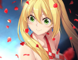 Rule 34 | 1girl, ahoge, bikini, blonde hair, breasts, collarbone, commentary request, criss-cross halter, derivative work, earrings, fate/grand order, fate (series), green eyes, hair between eyes, halterneck, jewelry, long hair, looking to the side, meme, nakano sora, nero claudius (fate), nero claudius (fate) (all), nero claudius (swimsuit caster) (fate), petals, rose petals, sailor moon redraw challenge (meme), screenshot redraw, smile, solo, striped bikini, striped clothes, swimsuit, twintails