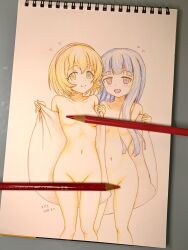 2girls absurdres art_tools_in_frame artist_name blonde_hair blue_hair blunt_bangs breasts censored character_request closed_mouth collarbone colored_pencil colored_pencil_(medium) convenient_censoring copyright_request dated dot_nose dutch_angle feet_out_of_frame hairband heart highres holding holding_towel idolmaster iraren_san koga_koharu long_hair looking_at_viewer multiple_girls navel notebook nude open_mouth open_towel pencil photo_(medium) pink_hairband sajo_yukimi short_hair sidelocks signature simple_background small_breasts smile spiral_notebook towel traditional_media white_background yellow_eyes