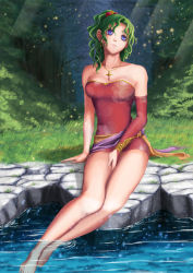 Rule 34 | 1990s (style), bare legs, bare shoulders, detached sleeves, final fantasy, final fantasy vi, green hair, sitting, tina branford, water