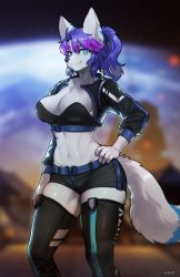 Rule 34 | 1girl, animal ears, artist name, belt, belt buckle, blue eyes, blurry, blurry background, body fur, buckle, commission, fang, feet out of frame, furry, furry female, hair between eyes, hand on own hip, highres, looking at viewer, midriff, navel, original, pgm300, ponytail, purple hair, shorts, solo, standing, strapless, tail, thighhighs, tube top, watermark, wolf ears, wolf girl, wolf tail
