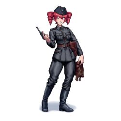 1girl absurdres artist_logo belt belt_buckle black_footwear blush boots breast_pocket breasts brown_belt buckle buttons commentary drill_hair emblem english_commentary fingernails finnish_army full_body garrison_cap grey_jacket grey_pants gun hair_between_eyes handgun hat headgear helmet highres holding holding_gun holding_weapon holster insignia jacket kasane_teto logo long_hair long_sleeves looking_at_viewer military military_hat military_uniform nail_polish one_eye_closed ostwindprojekt pants pocket red_eyes red_hair red_nails roundel shirt shoulder_boards simple_background smile solo standing tank_helmet teeth trigger_discipline twin_drills twintails utau weapon weapon_request white_background white_shirt