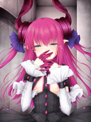 Rule 34 | 1girl, asymmetrical horns, blue eyes, corset, curled horns, dragon girl, dragon horns, elizabeth bathory (fate), elizabeth bathory (fate/extra ccc), elizabeth bathory (first ascension) (fate), fate/extra, fate/extra ccc, fate/grand order, fate (series), flat chest, highres, horns, indoors, long hair, nail polish, pink hair, pink nails, pointy ears, sasasa (nashi), solo, tears, uneven horns, upper body
