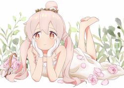 Rule 34 | 1girl, ahoge, alternate costume, alternate hairstyle, bare arms, bare legs, bare shoulders, barefoot, basket, bride, brown eyes, commentary, crown, dress, feet, feet up, flower, frown, full body, gloves, hair between eyes, head rest, komatsu (sakanae), long hair, lying, on stomach, onii-chan wa oshimai!, oyama mahiro, petals, pink flower, pink hair, pink rose, rose, solo, strapless, strapless dress, the pose, twintails, wedding dress, white dress, white gloves