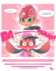 Rule 34 | 1boy, 1girl, 3d rod!, beanie, black hair, blush, callie (splatoon), clenched hand, comic, earrings, full-face blush, green eyes, hat, heart, heart-shaped pupils, highres, hood, hoodie, inkling, jewelry, mole, mole under eye, nintendo, octoling, octoling boy, octoling player character, open mouth, pointy ears, splatoon (series), splatoon 2, splatoon 2: octo expansion, star (symbol), symbol-shaped pupils, tentacle hair, upper body, yellow eyes