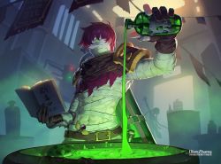 Rule 34 | 1boy, 1girl, abs, alternate hairstyle, androgynous, bandages, belt, book, bottle, brown gloves, cauldron, covered mouth, from below, gloves, green eyes, highres, holding, holding book, holding bottle, indoors, jinx (league of legends), league of legends, looking at viewer, navel, open book, pale skin, partially fingerless gloves, poison, pot, potion, pouring, red hair, rekaerb maerd, short hair, silhouette, singed, slime, solo focus, string of flags, very short hair, when you see it
